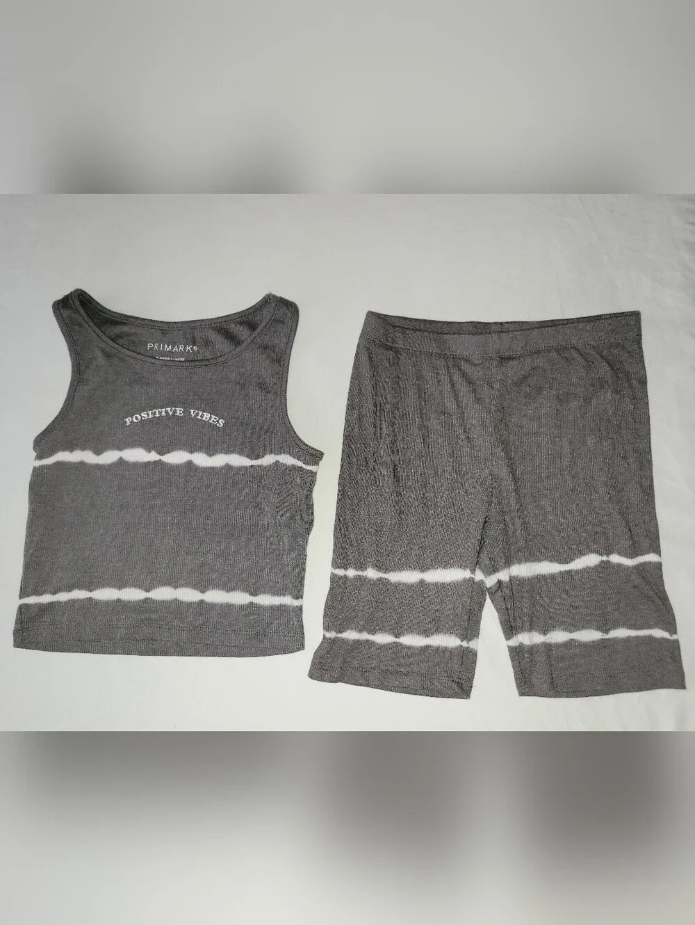 Primark Size 8-9 Years Gray Tie Dye Ribbed Tank and Bike Shorts Outfit Set